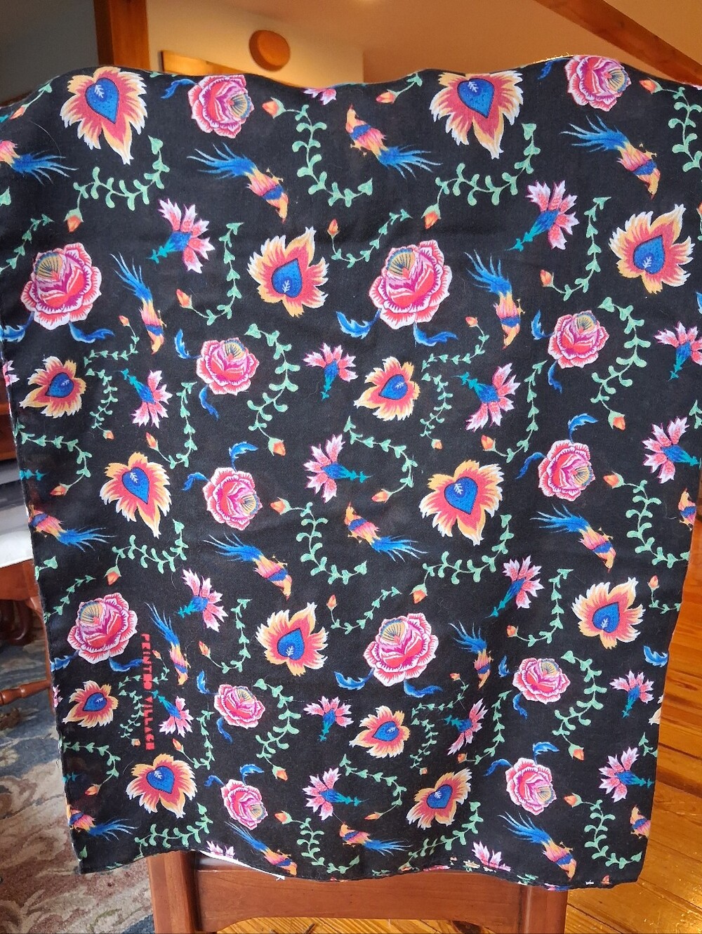 Printed Village Floral Chinoiserie Scarf Black EUC